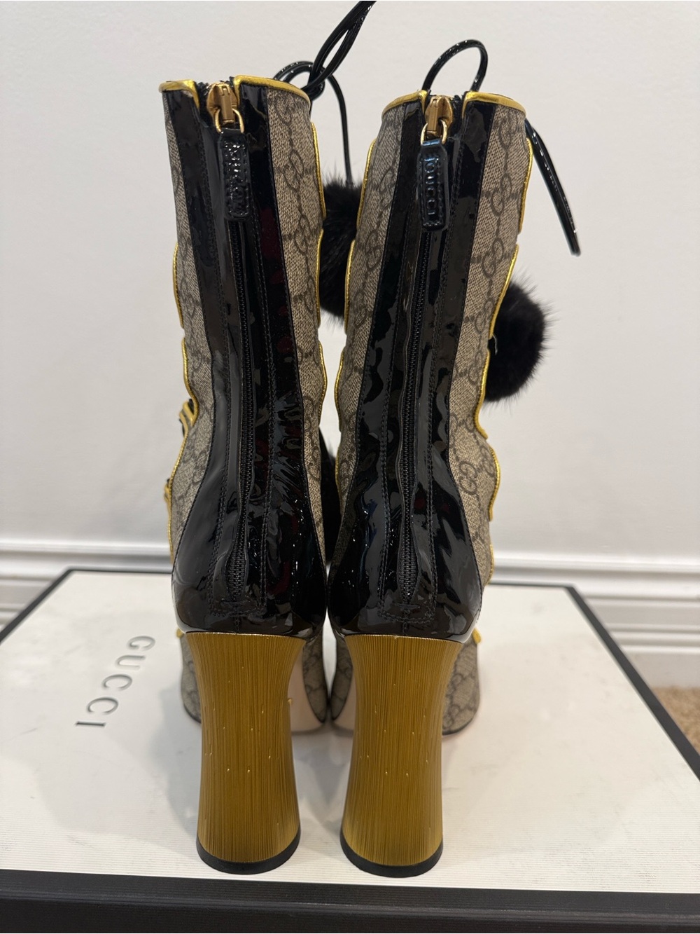 Gucci Heloise GG Supreme Pom Pom Lace Up Heels 37 Rare Runway NWT - Picture 3 of 9